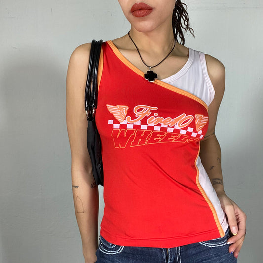 Vintage 2000's Sporty Red and White Tanktop with 'Fire 10 Wheels' Print (S)