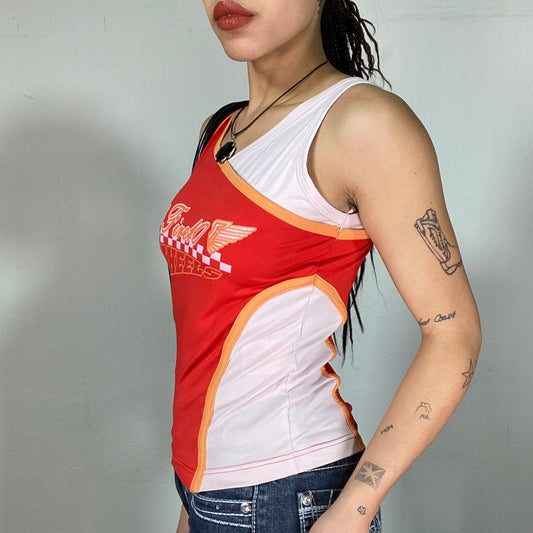 Vintage 2000's Sporty Red and White Tanktop with 'Fire 10 Wheels' Print (S)