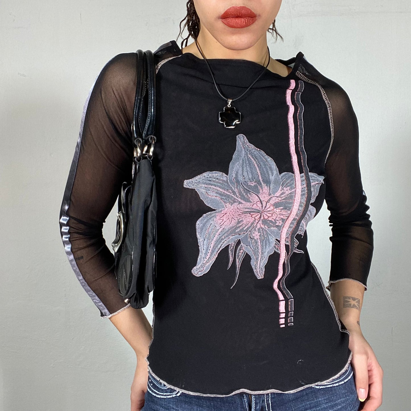 Vintage 2000's Grunge Black Top with Mesh Sleeves and Pink Flower Print (S/M)