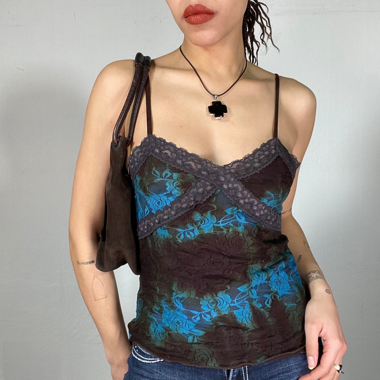 Vintage 2000's Hippie Brown and Blue Batik Lace Cami Top (S)