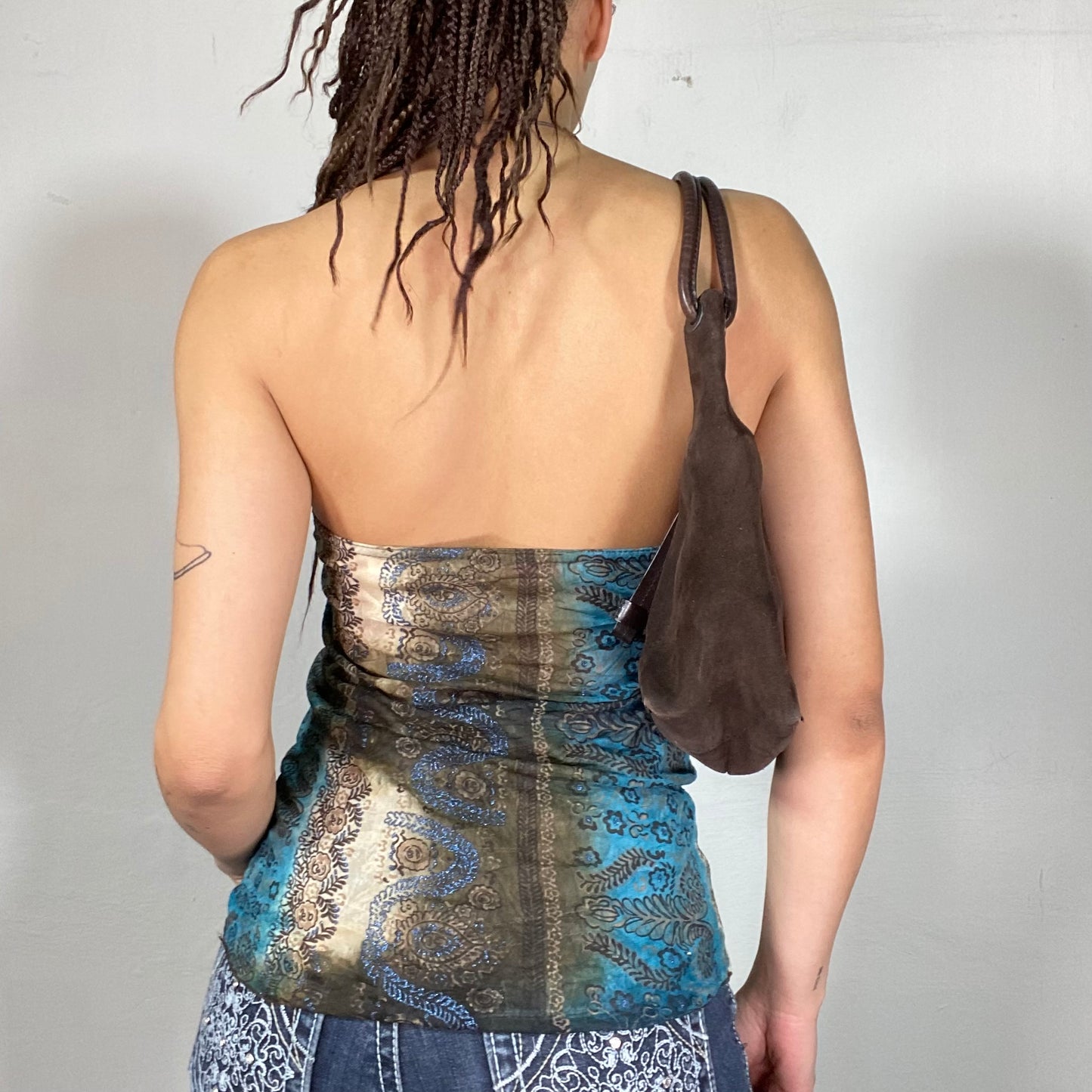 Vintage 90's Hippie Brown and Blue Tube Top with Beaded Halter Neck Detail (S/M)