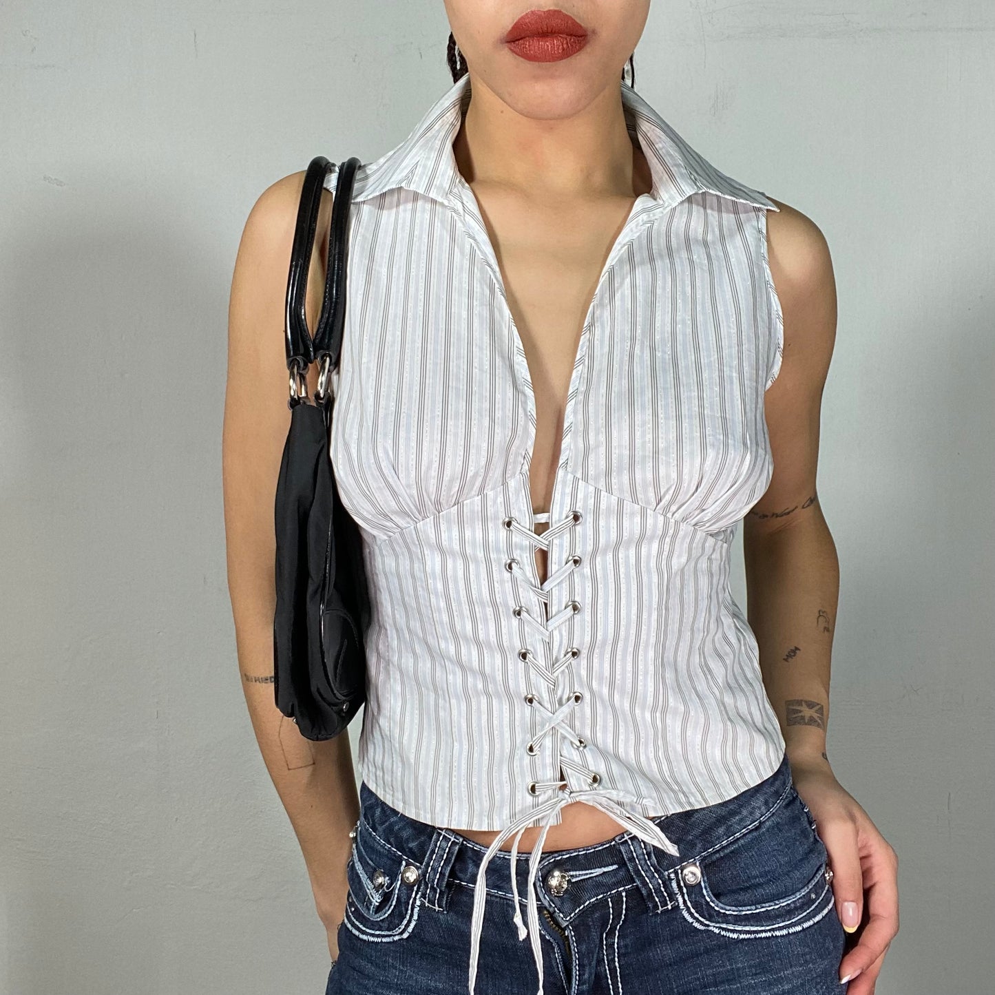 Vintage 90's Model Off Duty White Striped Top with Lace Up Detail (S/M)