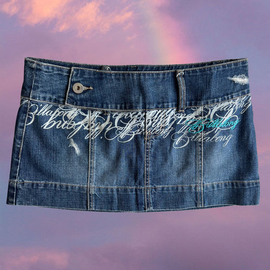 Vintage Y2K Low Waist Denim Mini Skirt with Writing Print (36EU / UK 8 / US 4)