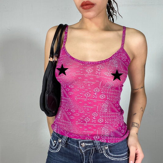 Vintage 90's Indie Pink Mesh Cami Top with Mandala Print (S)