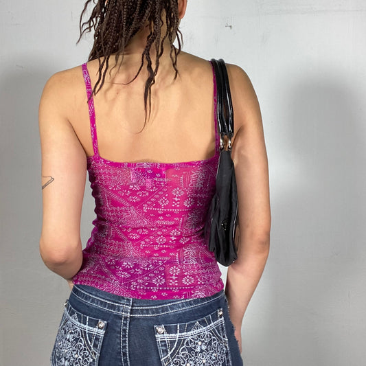 Vintage 90's Indie Pink Mesh Cami Top with Mandala Print (S)