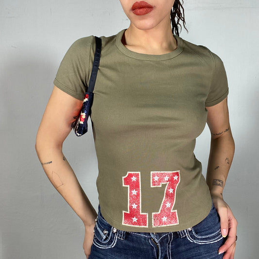 Vintage 90's Guess Khaki Baby Tee with Red '17' Print (S)