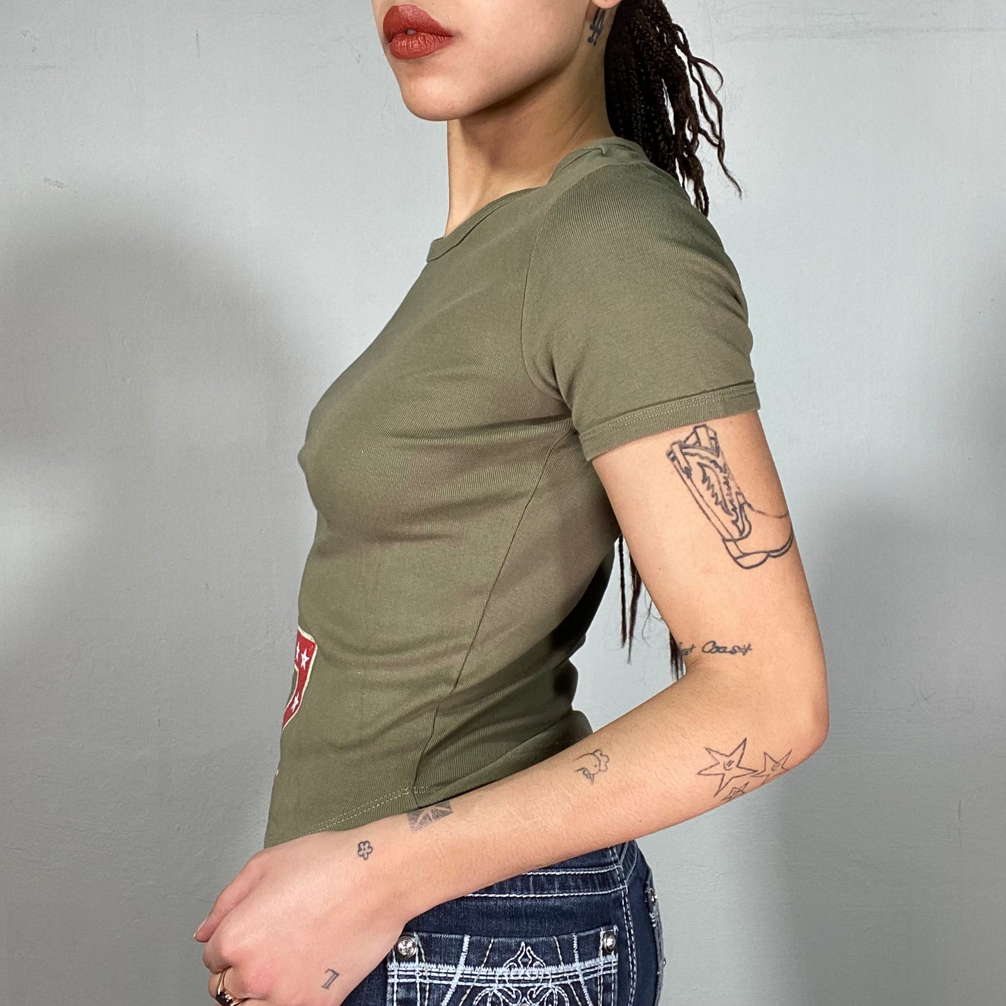 Vintage 90's Guess Khaki Baby Tee with Red '17' Print (S)