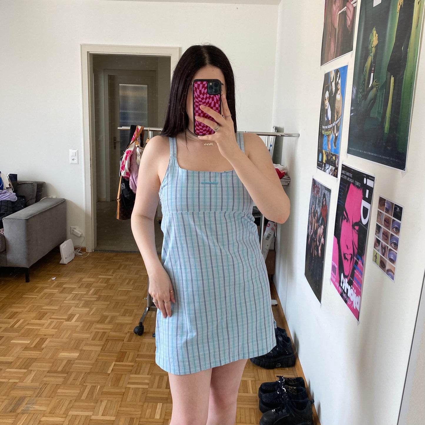 Vintage 90’s Spring Light Blue Plaid Dress (M)