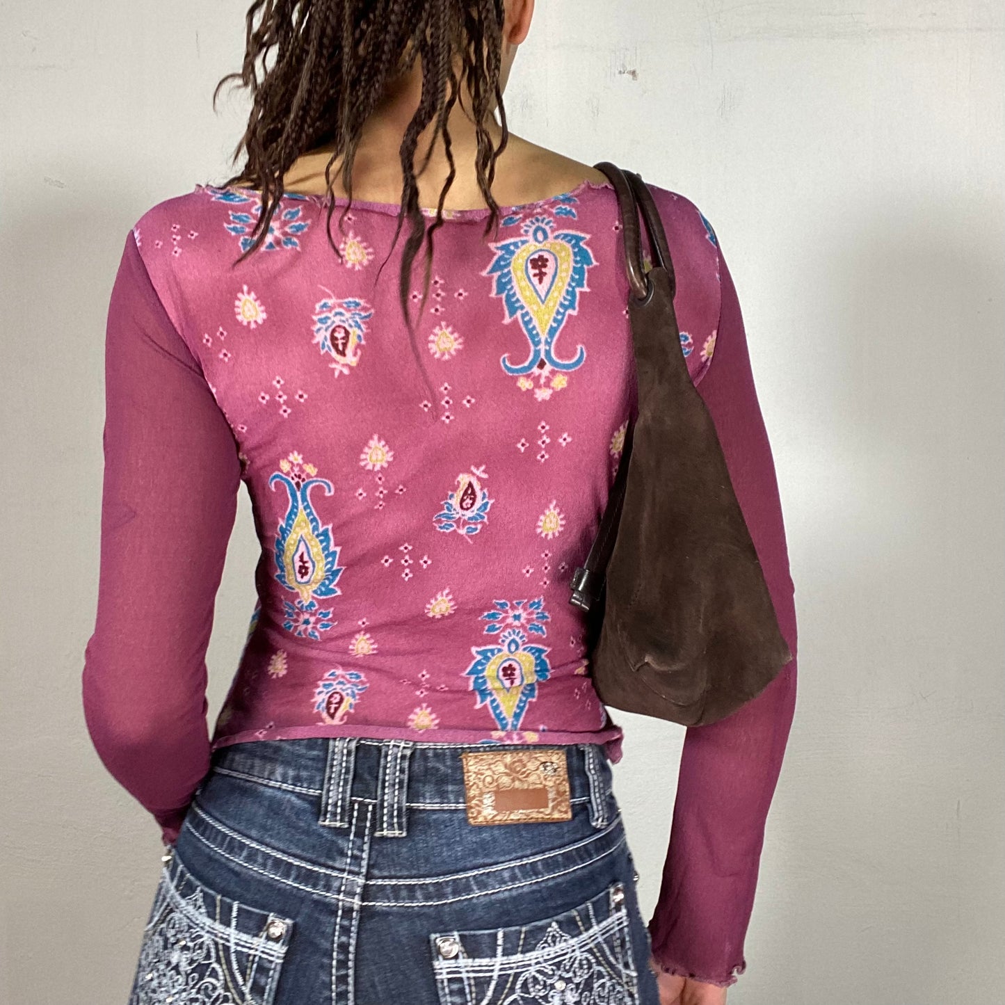 Vintage 90's Indie Pink Mesh Longsleeve Top with Paisley Print (S)