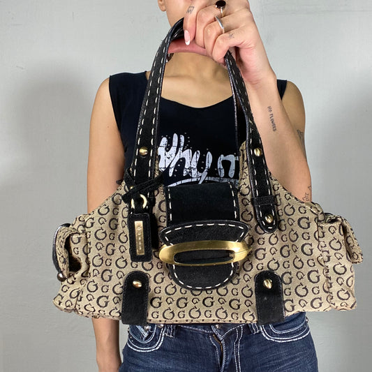 Vintage 2000's Guess Gold/Black Shoulder Bag with Suede Details and Chunky Buckle
