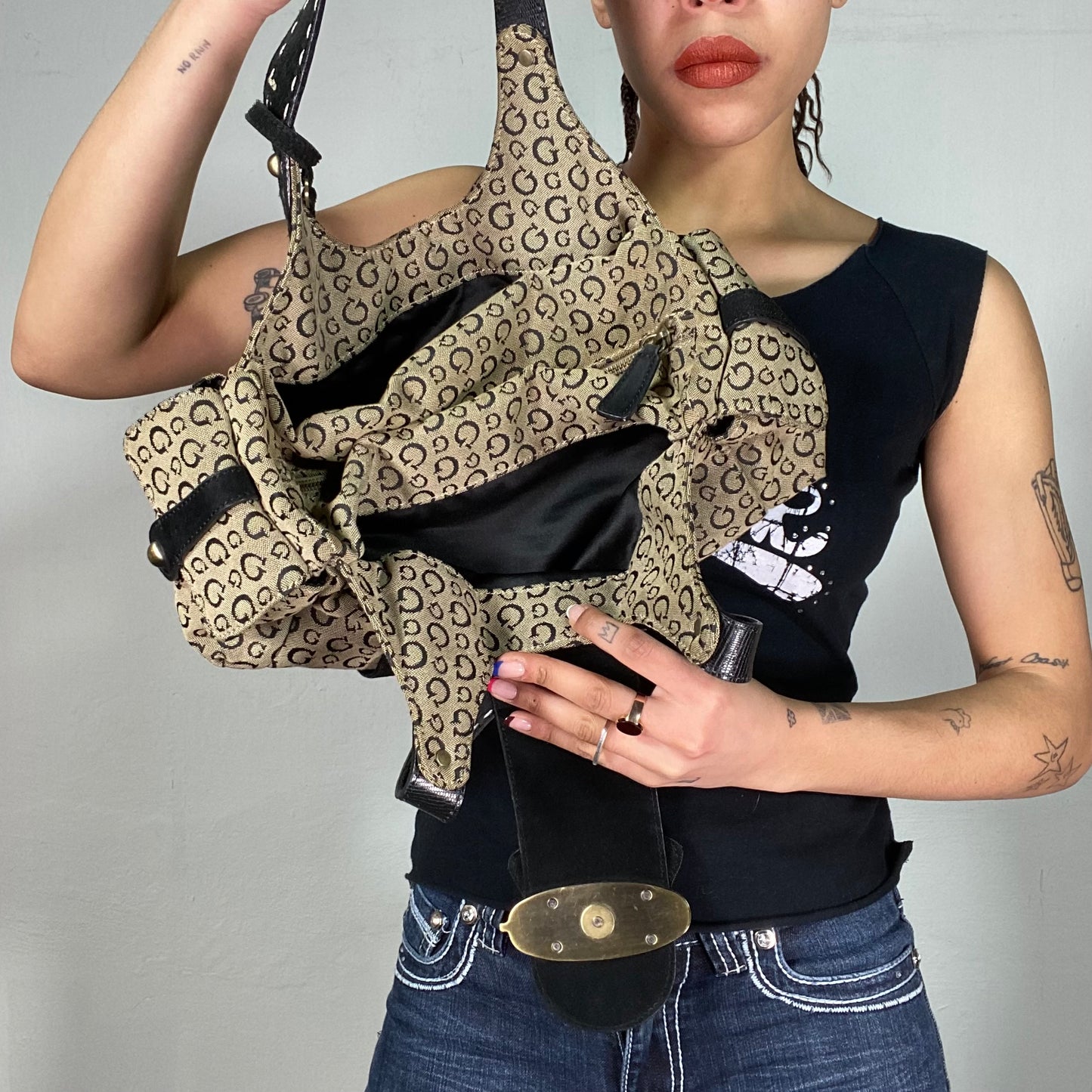 Vintage 2000's Guess Gold/Black Shoulder Bag with Suede Details and Chunky Buckle