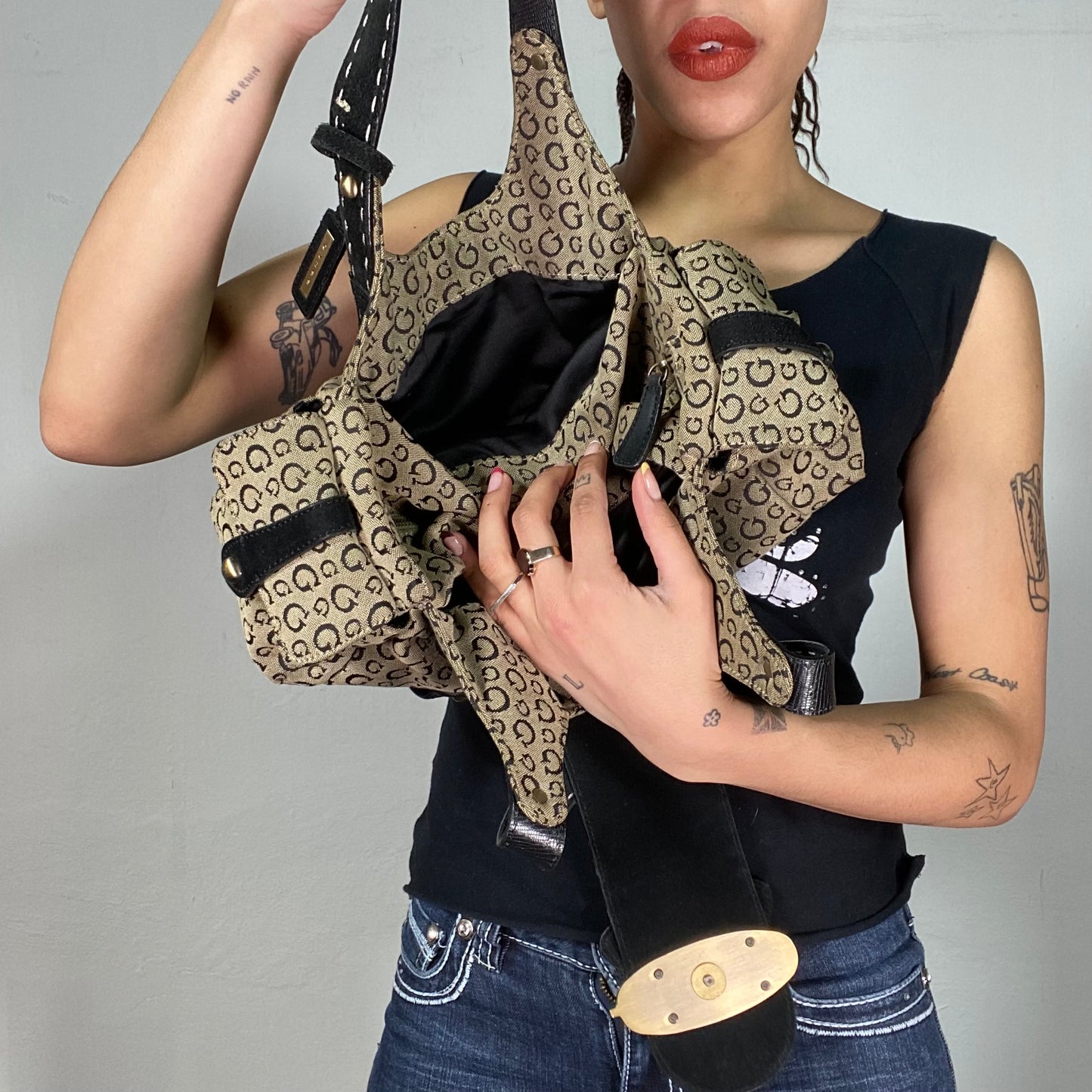 Vintage 2000's Guess Gold/Black Shoulder Bag with Suede Details and Chunky Buckle