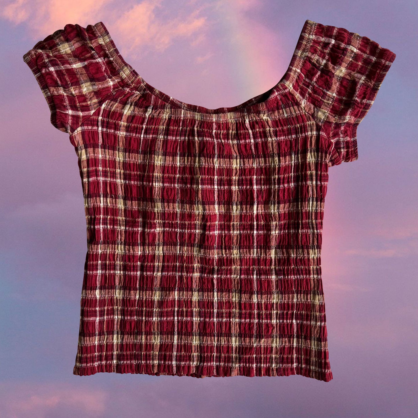 Vintage 90's Red Plaid Ruched Milkmaid Top (S)