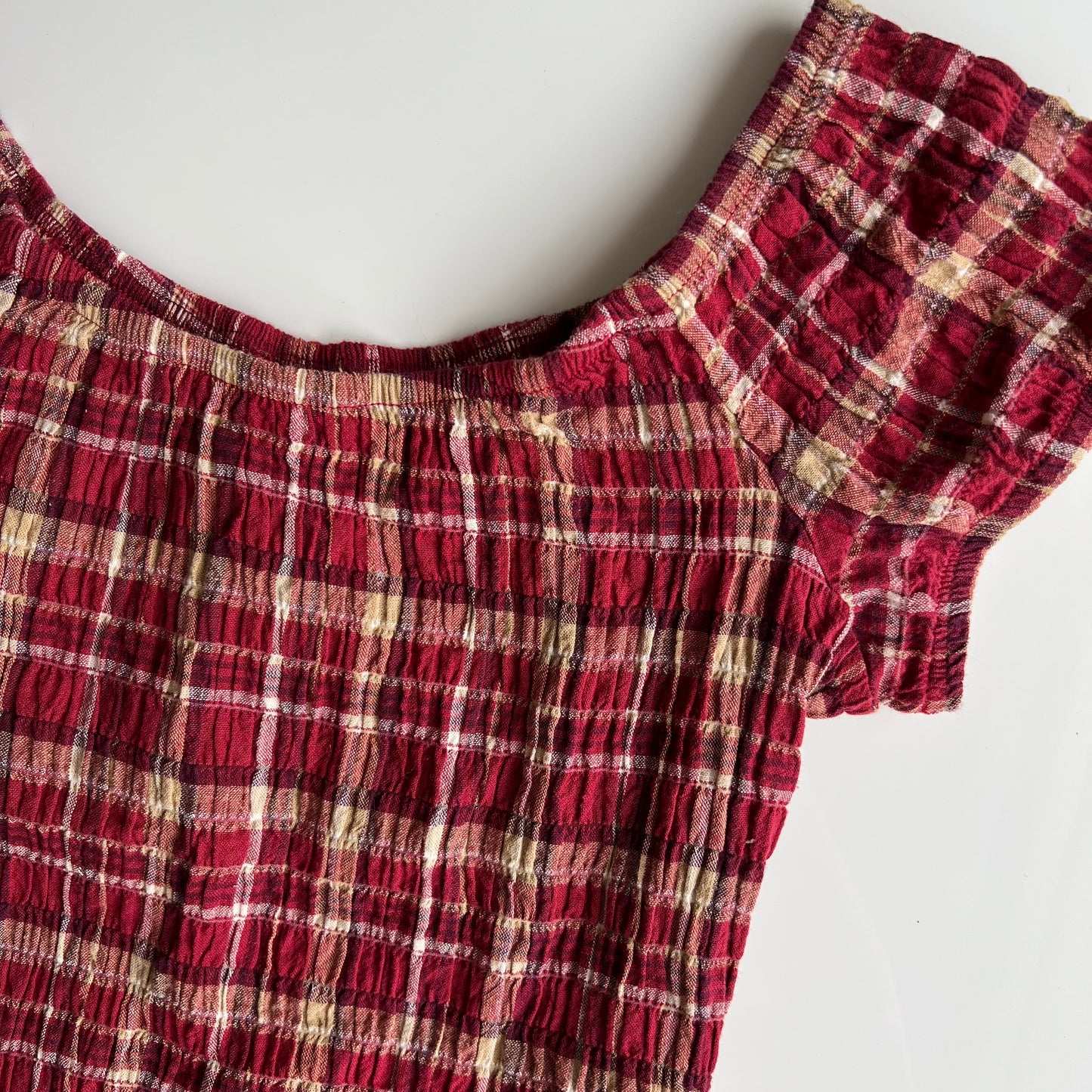 Vintage 90's Red Plaid Ruched Milkmaid Top (S)