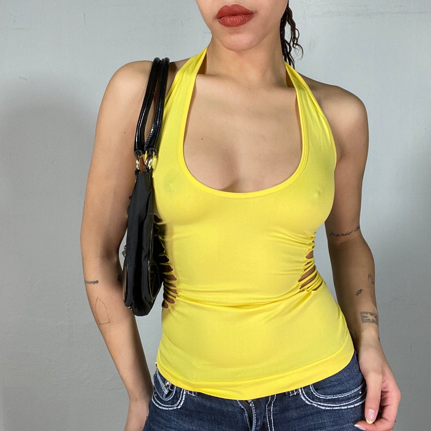 Vintage 2000's Funky Neo Yellow Top with Cutouts and Ring Back Detail (S)