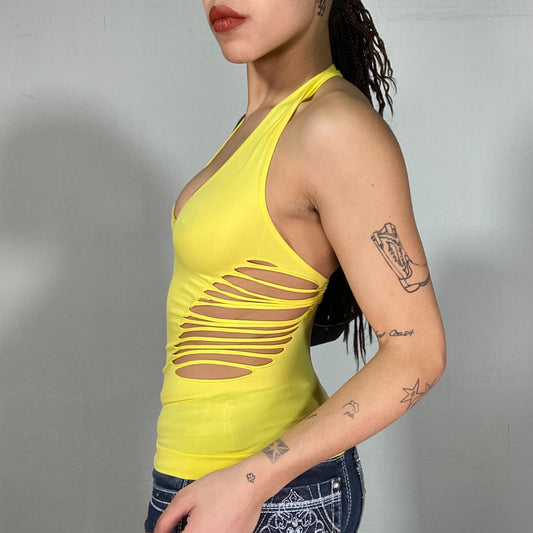 Vintage 2000's Funky Neo Yellow Top with Cutouts and Ring Back Detail (S)