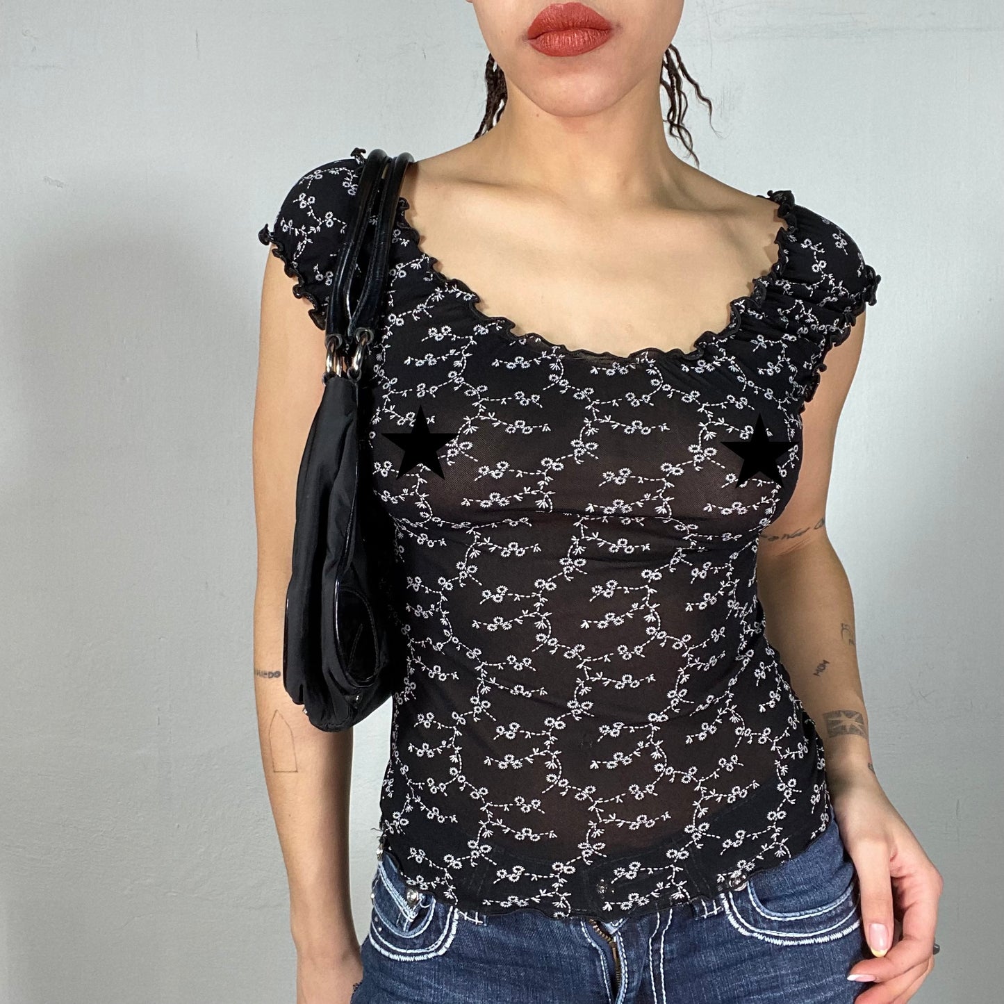 Vintage 90's Downtown Girl Black Mesh Shirt with Floral Print (S)