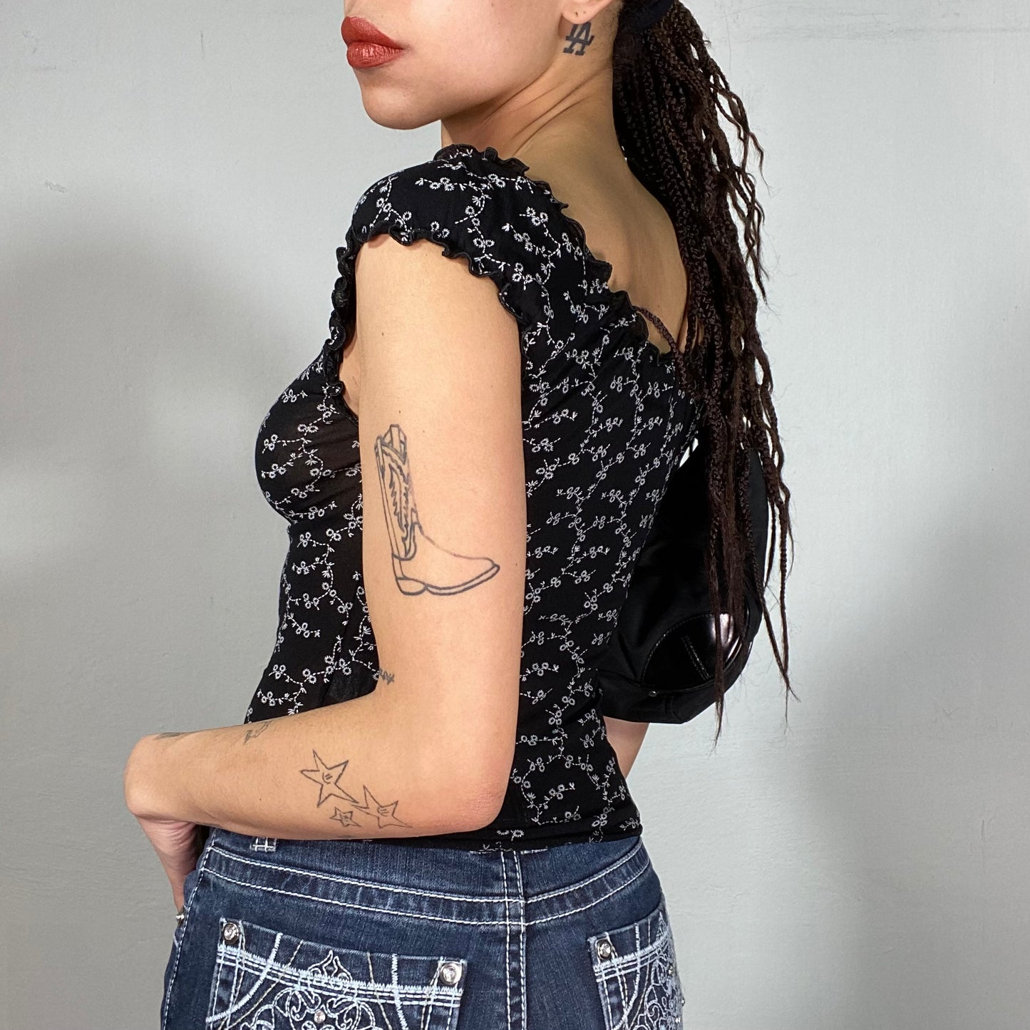 Vintage 90's Downtown Girl Black Mesh Shirt with Floral Print (S)