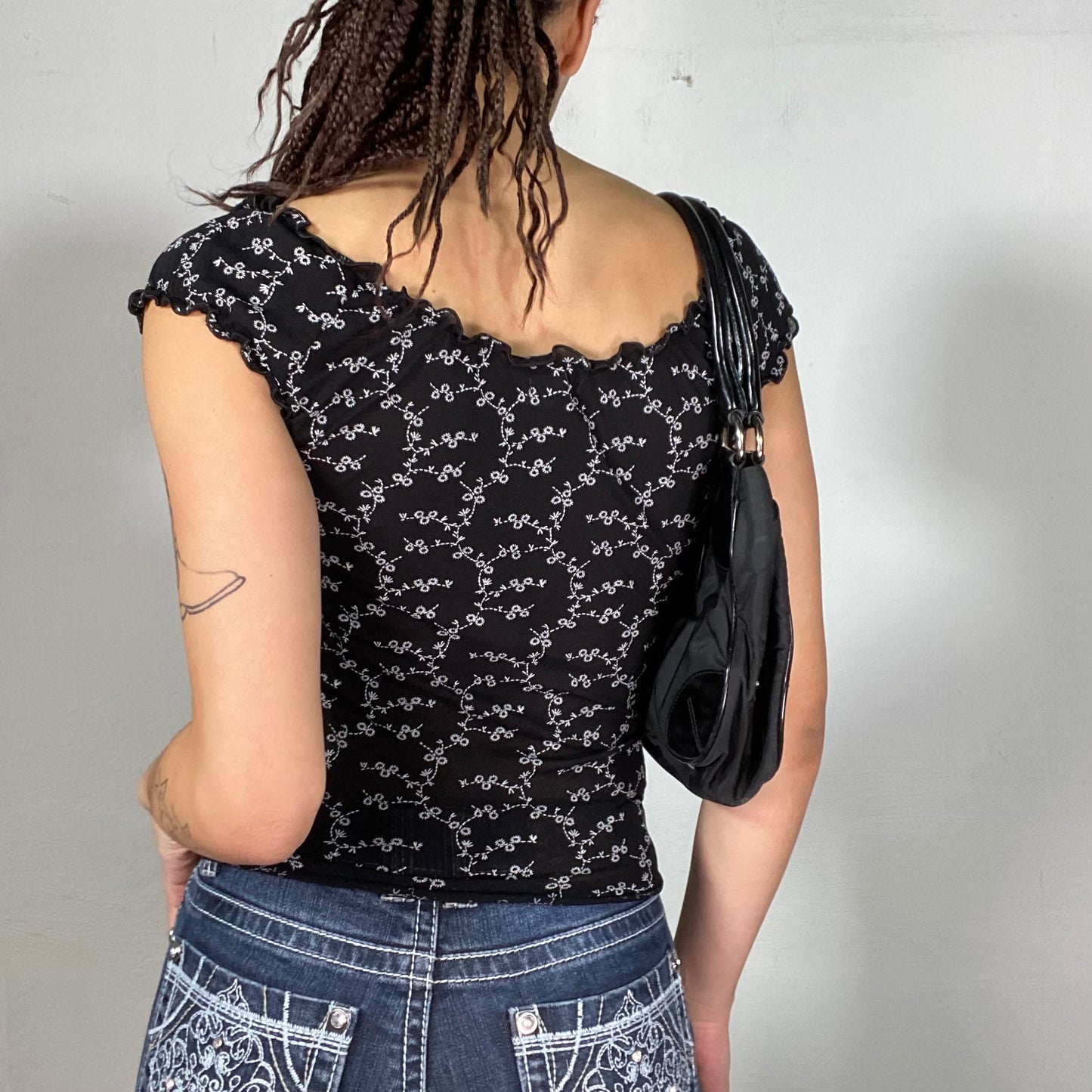 Vintage 90's Downtown Girl Black Mesh Shirt with Floral Print (S)