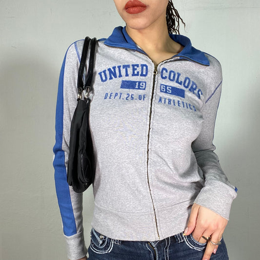 Vintage 2000's Benetton Grey Zip Up Sweater with Blue Details (S)