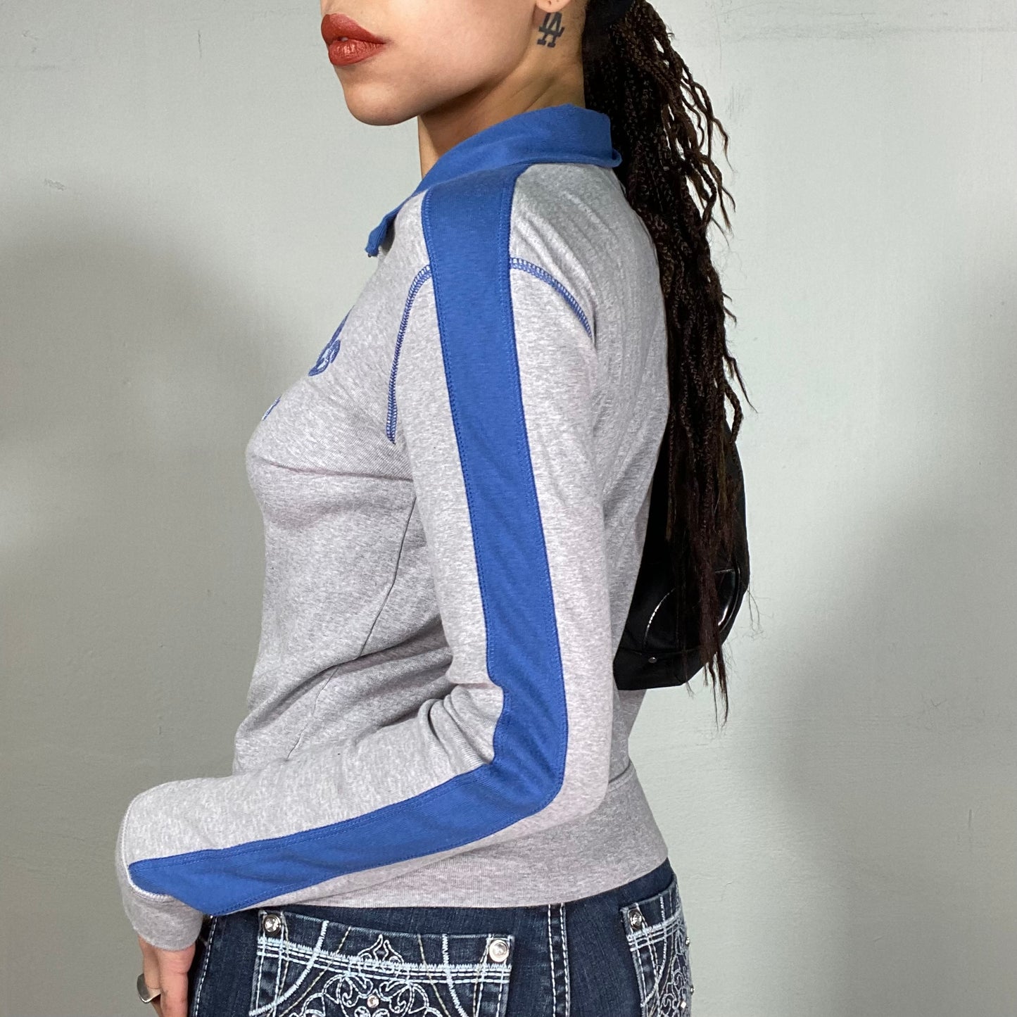 Vintage 2000's Benetton Grey Zip Up Sweater with Blue Details (S)