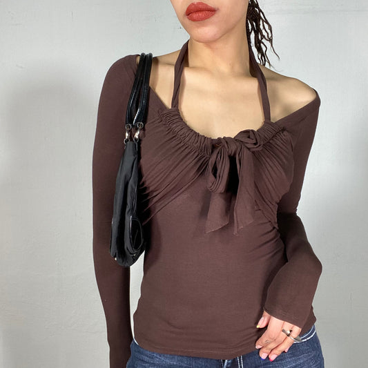 Vintage 90's Earth Fairy Brown Longsleeve with Halter Neck Detail (S)