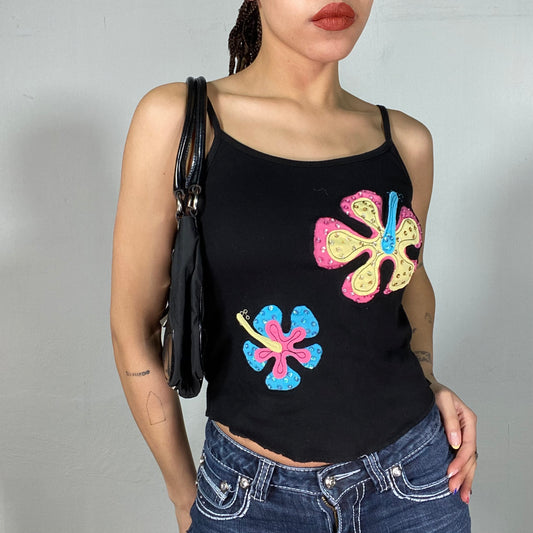 Vintage 90's Funky Black Cami Top with Flower Print (S)