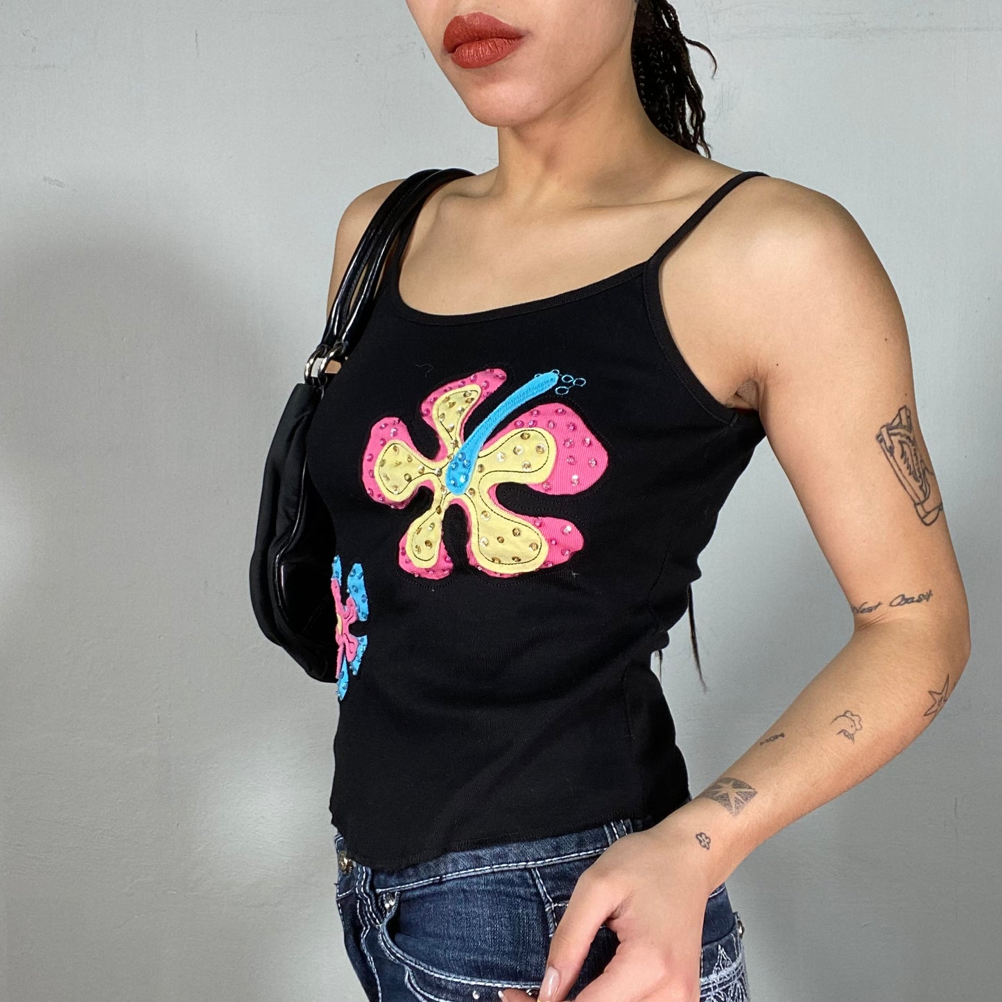 Vintage 90's Funky Black Cami Top with Flower Print (S)