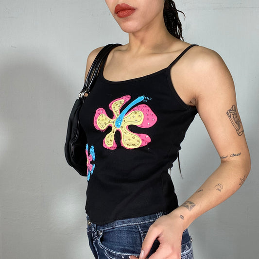 Vintage 90's Funky Black Cami Top with Flower Print (S)