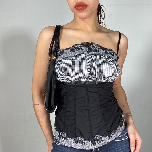 Vintage 90's Gothic Black Cami Top with Checkered Bust Part and Lace Details (S)