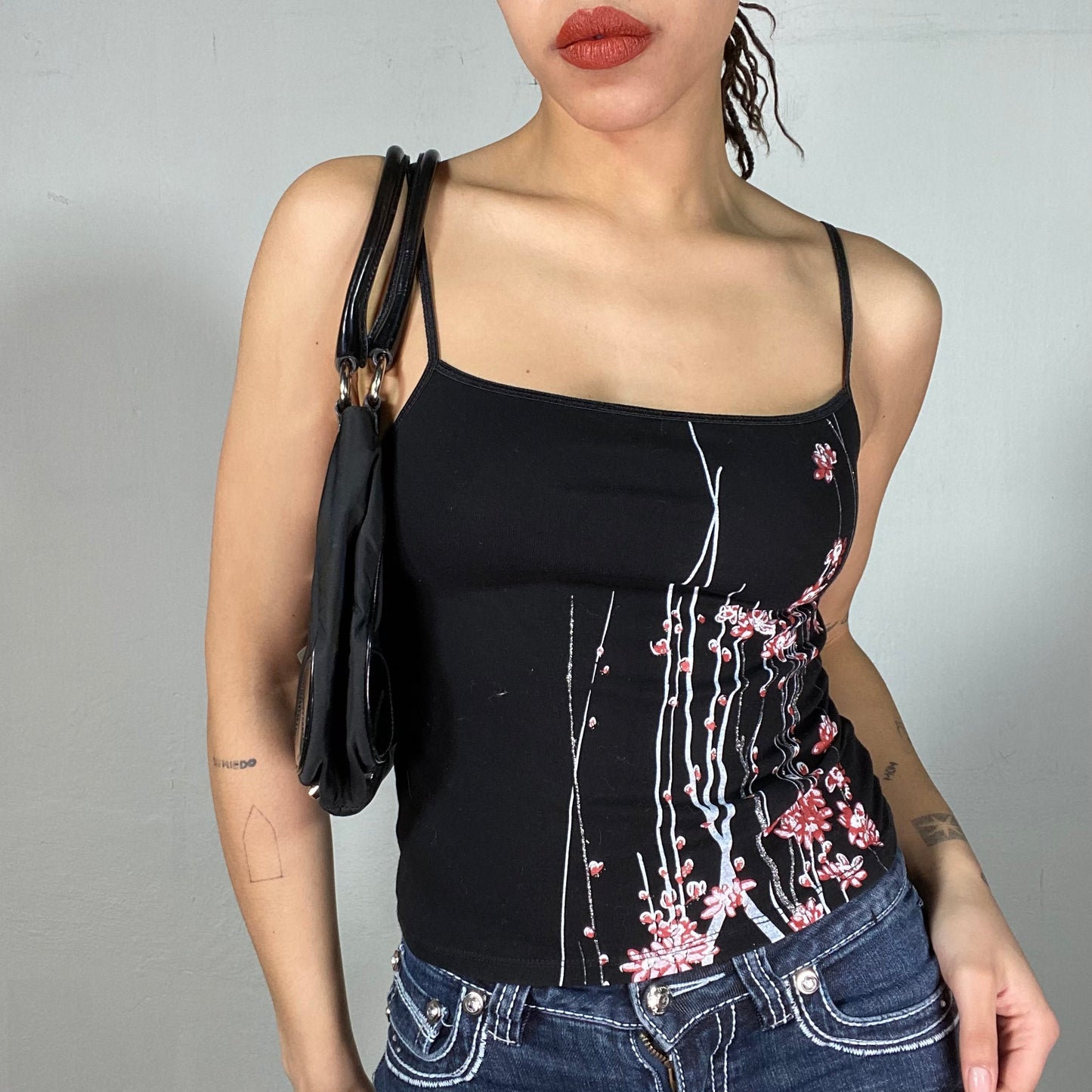 Vintage 90's Downtown Girl Black Top with Funky Flower Print (S)