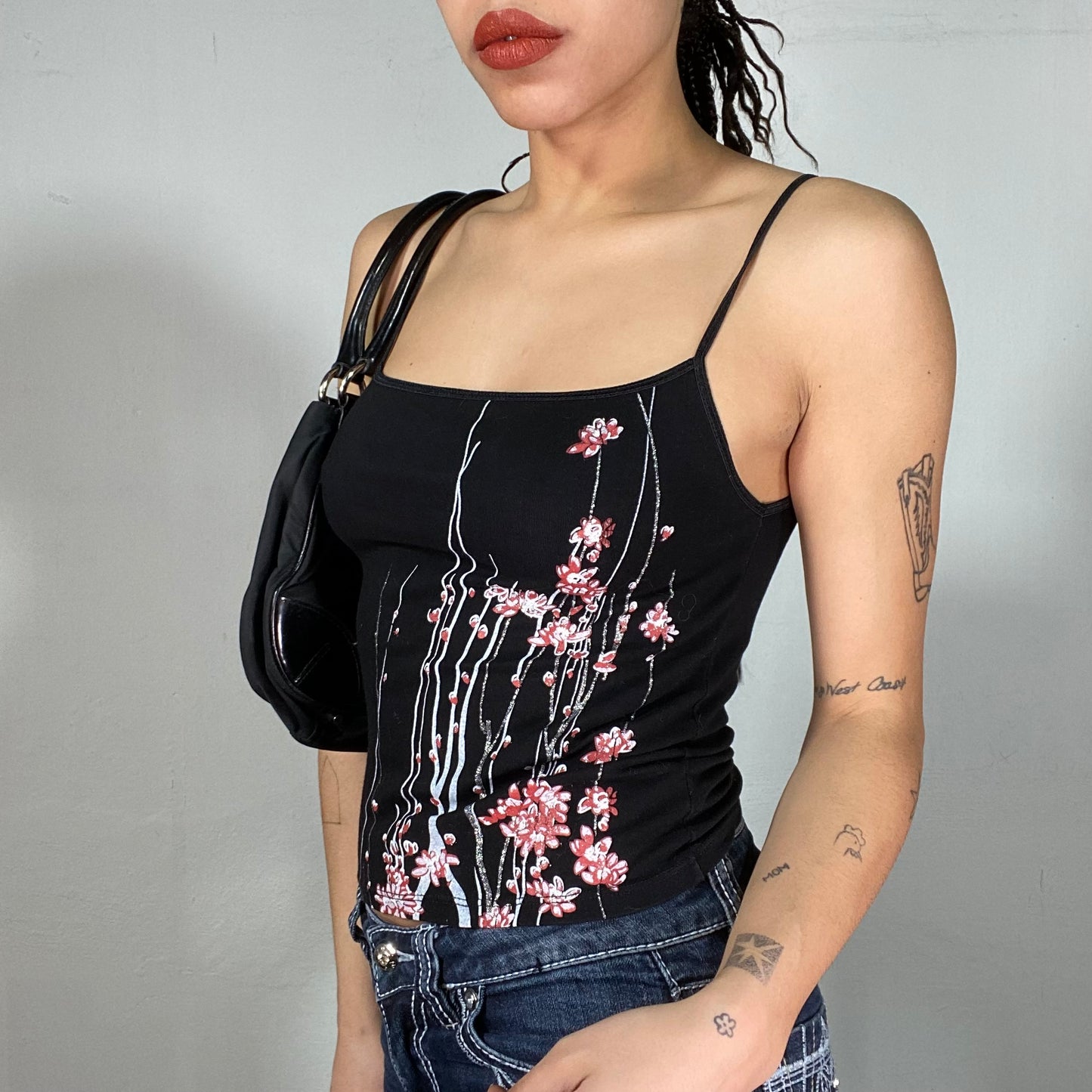 Vintage 90's Downtown Girl Black Top with Funky Flower Print (S)