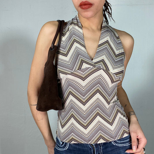 Vintage 90's Model Off Duty Beige V-Neck Top with ZigZag Print (S)