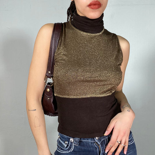 Vintage 2000's Classy Brown and Gold Sleeveless Turtleneck Top (S)