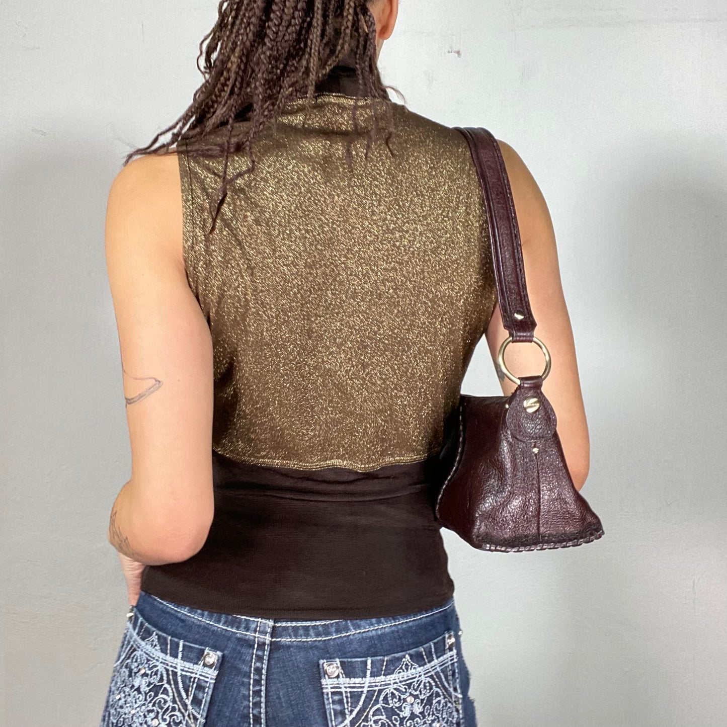 Vintage 2000's Classy Brown and Gold Sleeveless Turtleneck Top (S)