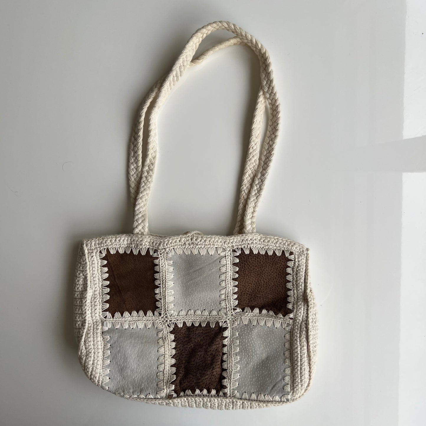 Vintage 90's Hippie Patchwork and Crochet Knit Shoulder Bag