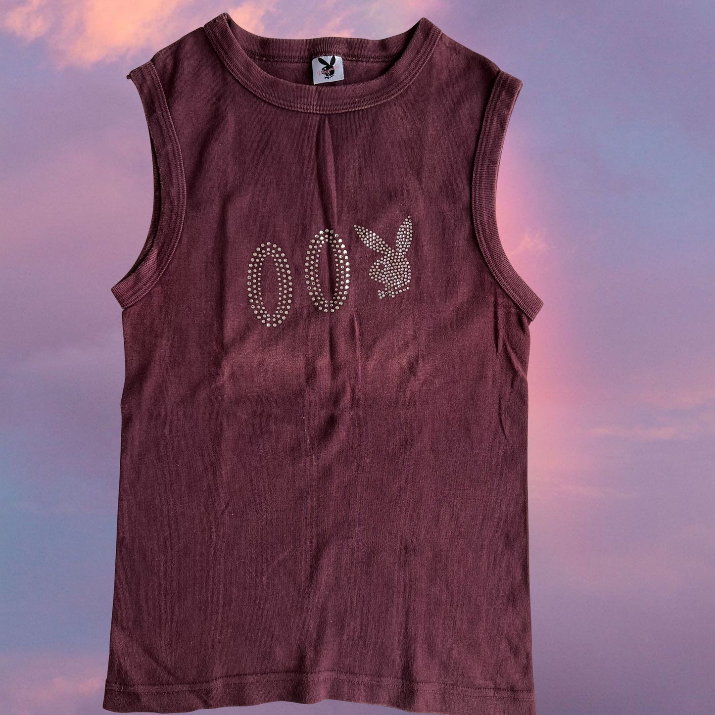 Vintage Y2K Playboy Burgundy Tank Top with 00 Bunny Diamante (S)