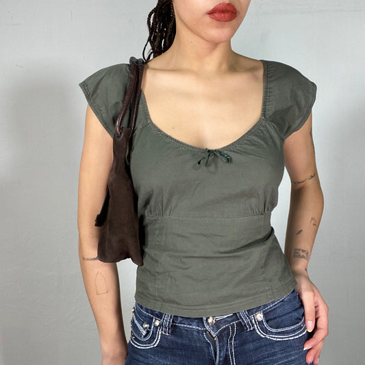 Vintage 90's Milkmaid Khaki Shirt with Waist String to Tie (M)