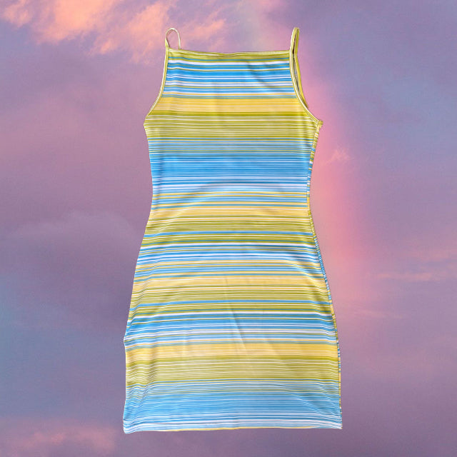 Vintage 90's Summer High Neck Yellow and Blue Striped Dress (M)