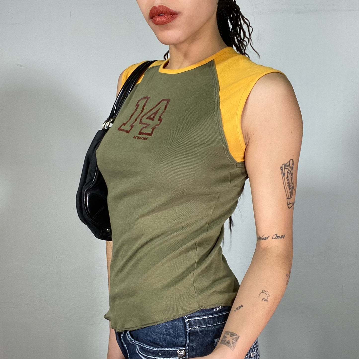 Vintage 90's Skater Khaki Tanktop with Yellow Sleeves and '14' Print (S)