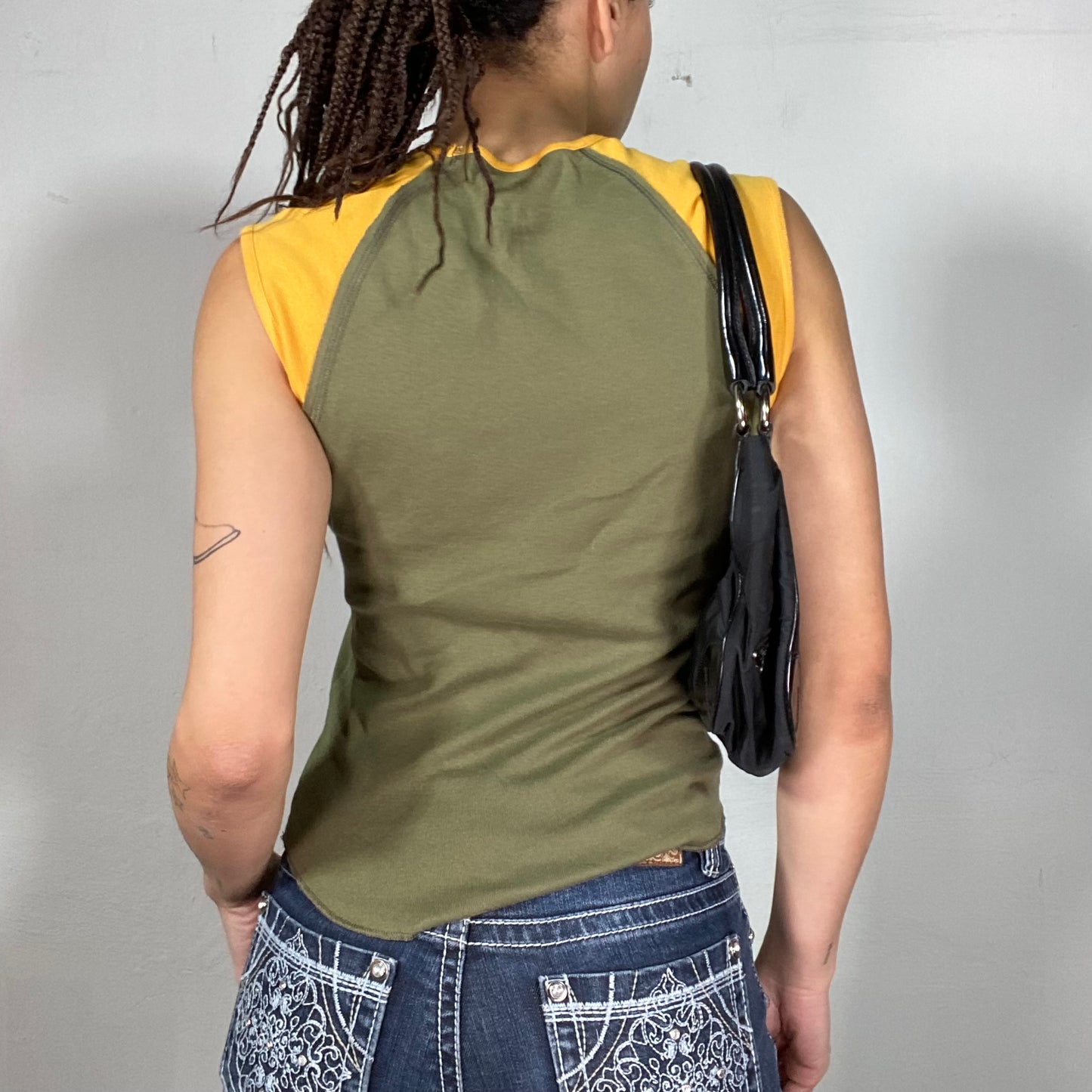 Vintage 90's Skater Khaki Tanktop with Yellow Sleeves and '14' Print (S)