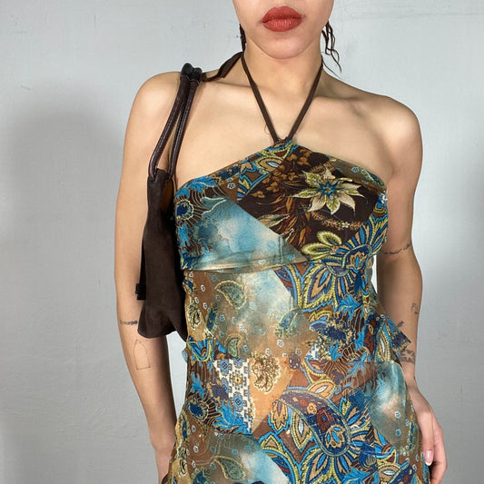 Vintage 90's Indie Blue and Brown Halter Neck Top with Flower and Paisley Print (S)