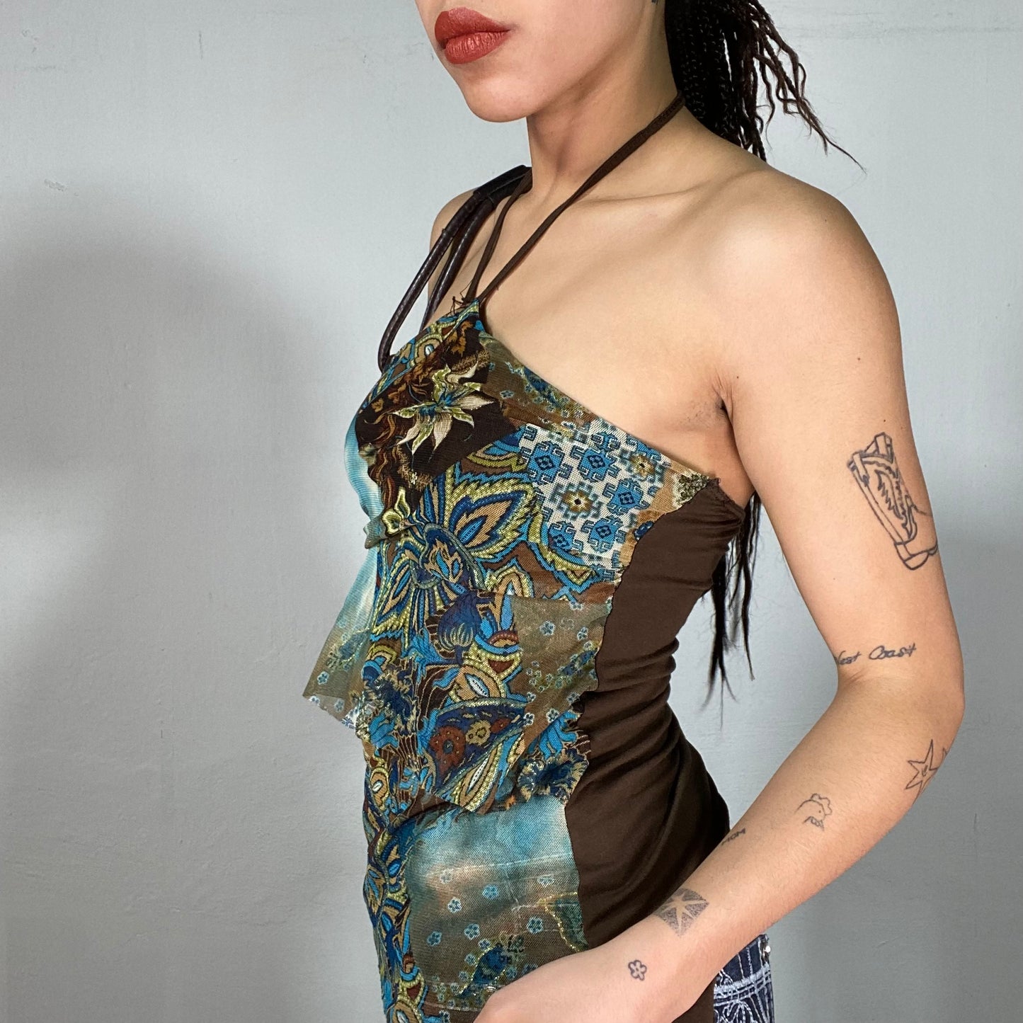 Vintage 90's Indie Blue and Brown Halter Neck Top with Flower and Paisley Print (S)