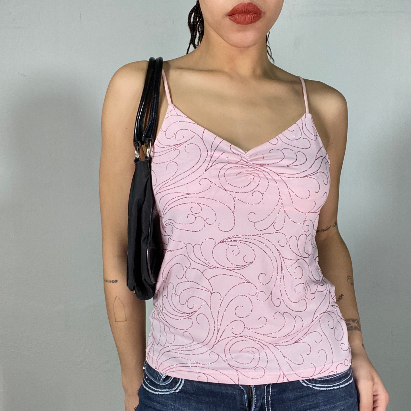 Vintage 2000's Funky Baby Pink Top with Pink Glitter Swirly Print (M)