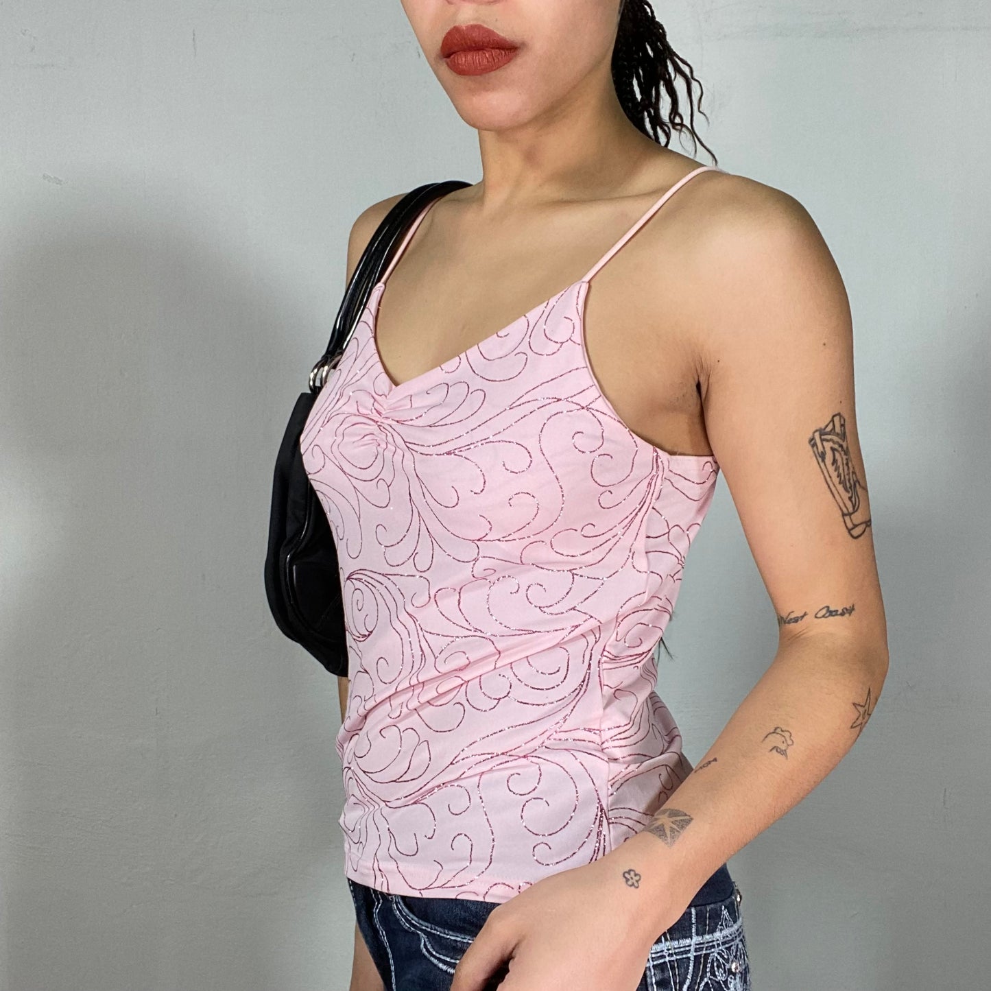 Vintage 2000's Funky Baby Pink Top with Pink Glitter Swirly Print (M)