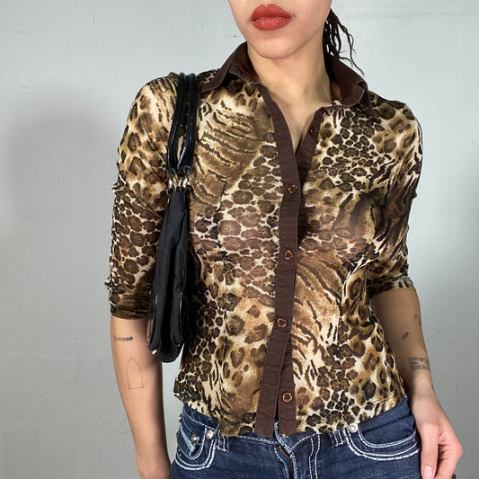 Vintage 90's Funky Animal Print Button Up Midi Sleeve Shirt (S)