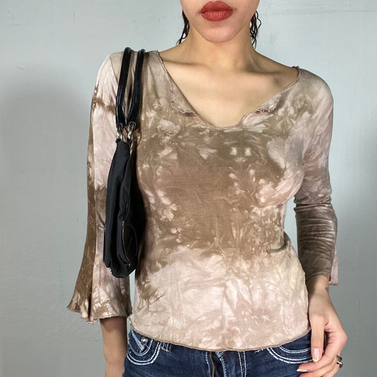 Vintage 2000's Indie Beige and Khaki Longsleeve Top (S/M)