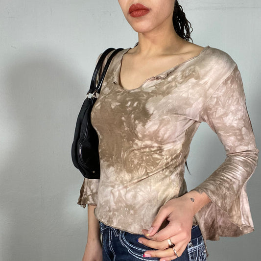 Vintage 2000's Indie Beige and Khaki Longsleeve Top (S/M)