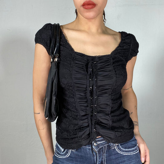 Vintage 2000's Gothic Black Lace Shirt with Lace up Front Detail (S/M)