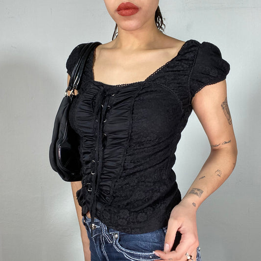 Vintage 2000's Gothic Black Lace Shirt with Lace up Front Detail (S/M)